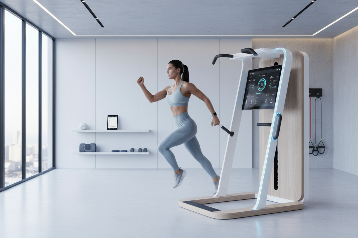 Erstelle ein modernes, helles und professionelles Titelbild für einen Onlineshop namens Vibero.
Der Shop verkauft innovative und smarte Produkte aus den Bereichen Fitness, Lifestyle und Technik.
Das Bild soll Motivation, Energie und Modernität ausstrahlen.
Stil: realistisch, clean, hochwertig, mit dezenten Farben (Weiss, Grau, Blau).
Zeige eine sportliche Person mit smarter Trainingsausrüstung oder ein modernes Home-Gym mit dezenten Lichteffekten.
Kein Text im Bild. Fokus auf Bewegung, Technologie